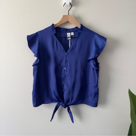 Joie Blue Flutter Sleeve Blouse Tie Front Button down Ruffle V-Neck Solid blue S - Picture 12 of 12